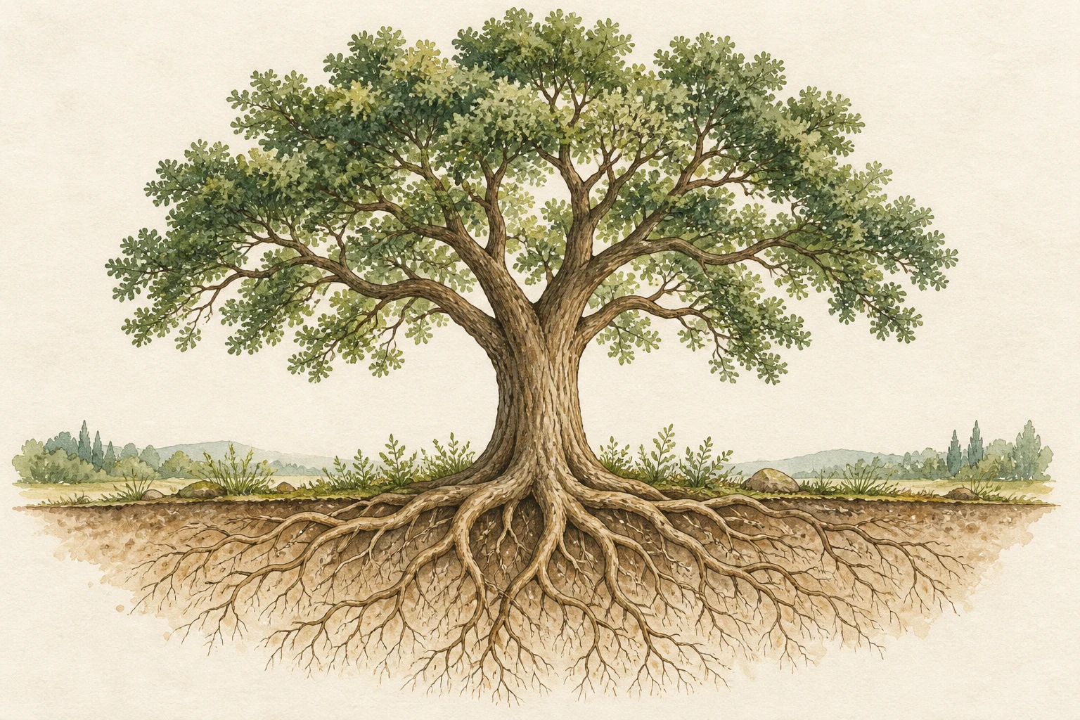 Illustration d’un arbre feuillu dont le tronc relie les branches aux racines visibles sous la terre