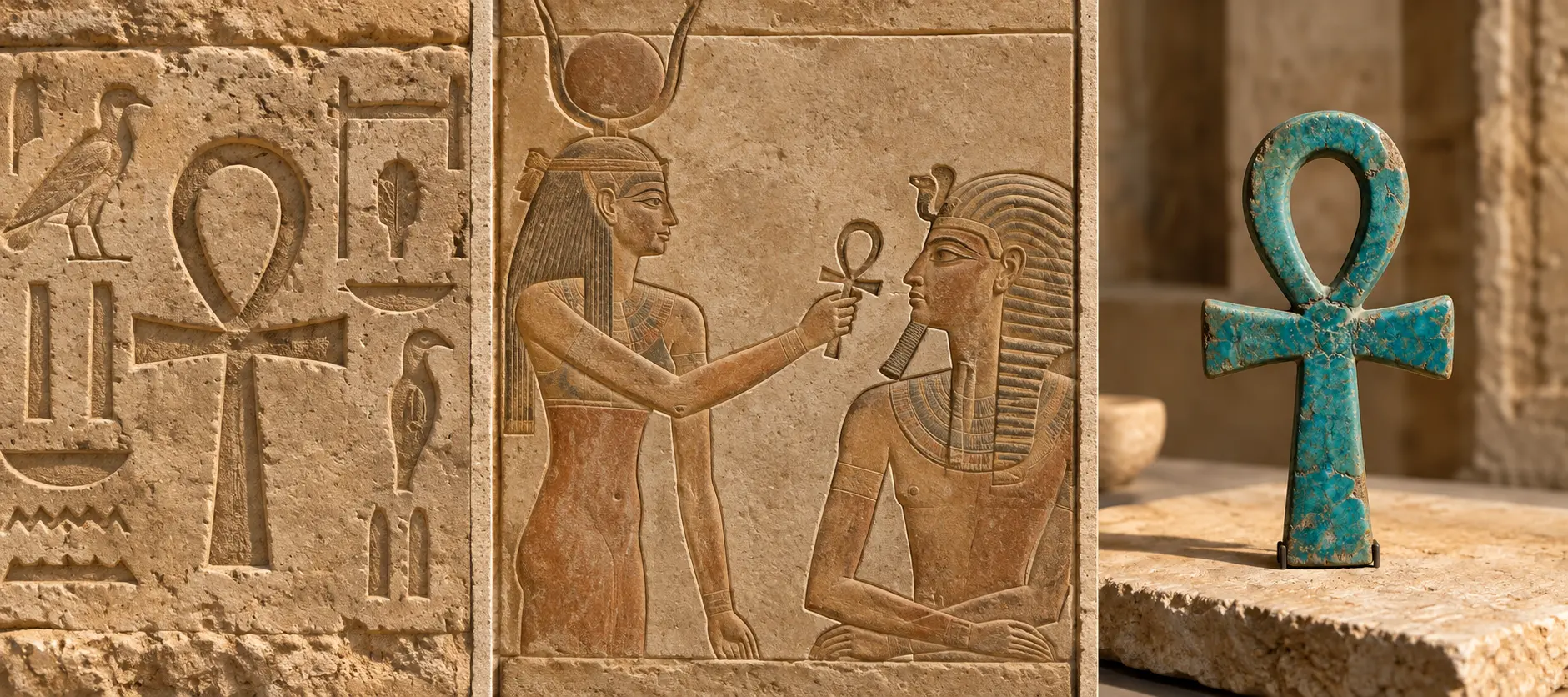 Triptyque illustrant une Ankh gravée, offerte par une divinité et portée en amulette
