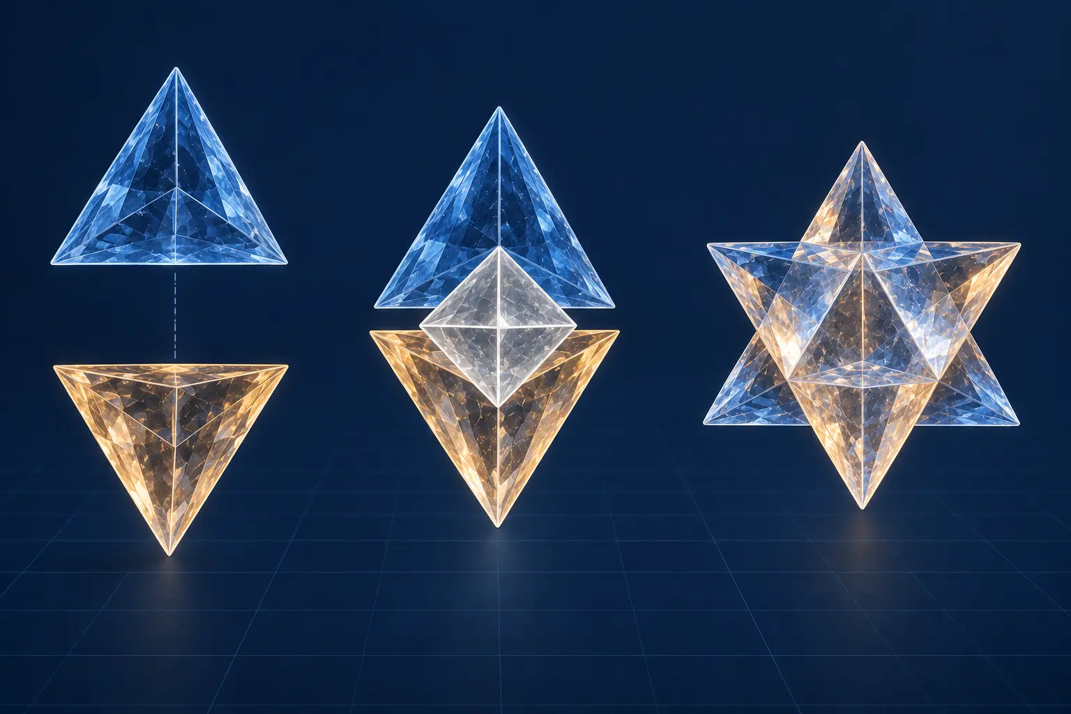 Deux tétraèdres opposés se rejoignent pour former une étoile Merkaba en trois dimensions