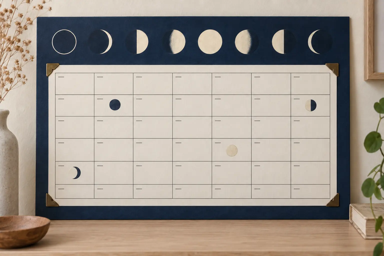 Calendrier lunaire fait main bleu nuit avec bandeau des phases et grille mensuelle ivoire