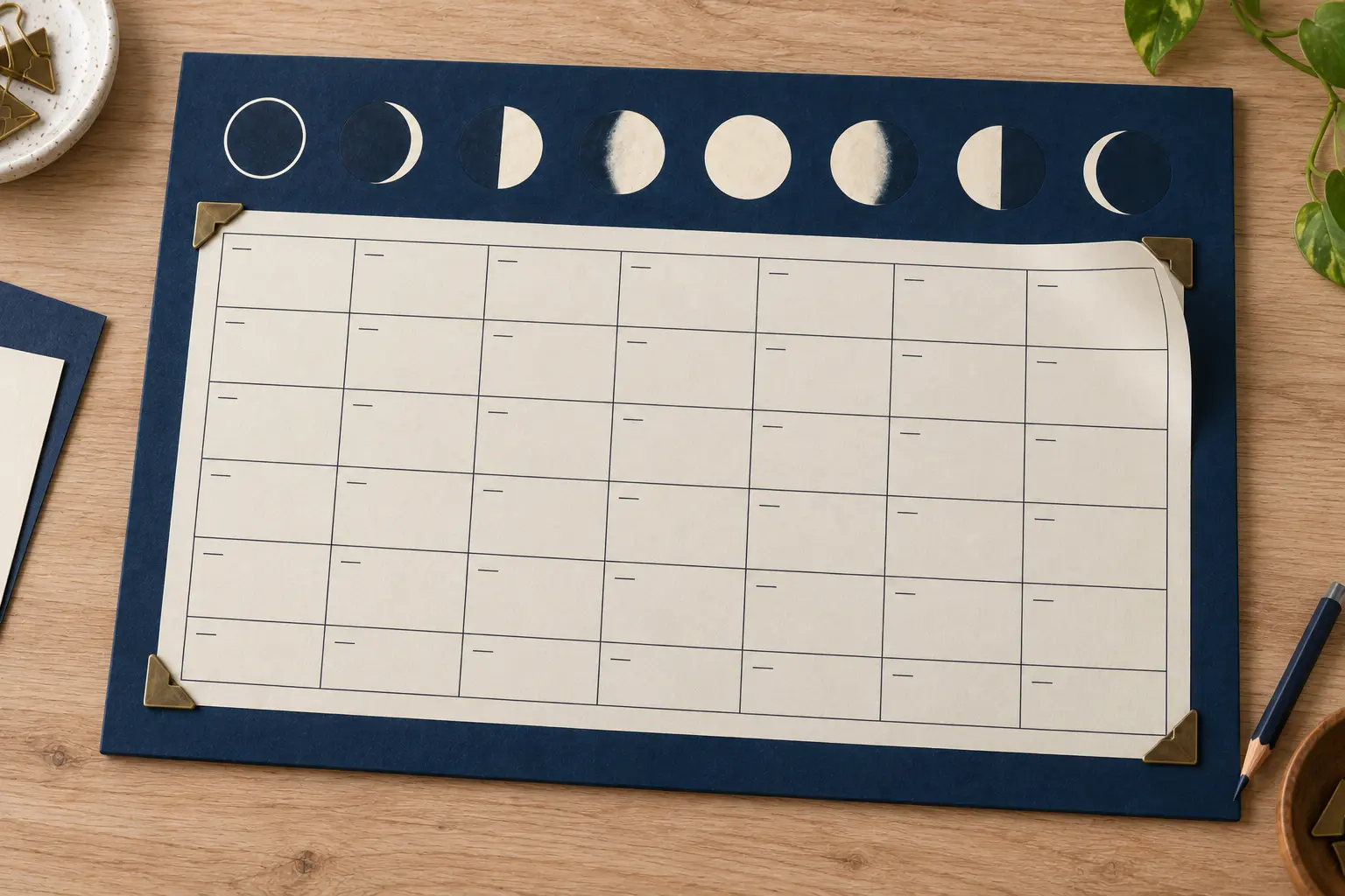 Gros plan sur une feuille mensuelle glissée dans quatre coins photo sur un support de calendrier lunaire