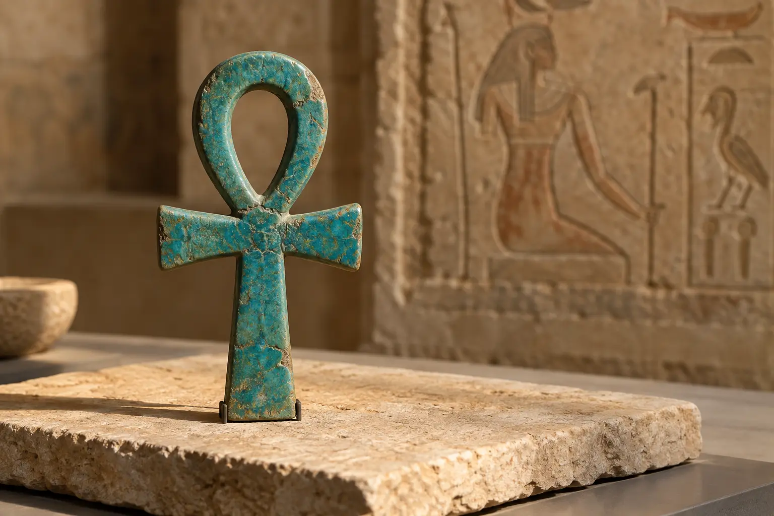 Croix Ankh en faïence bleu-vert posée sur une pierre égyptienne
