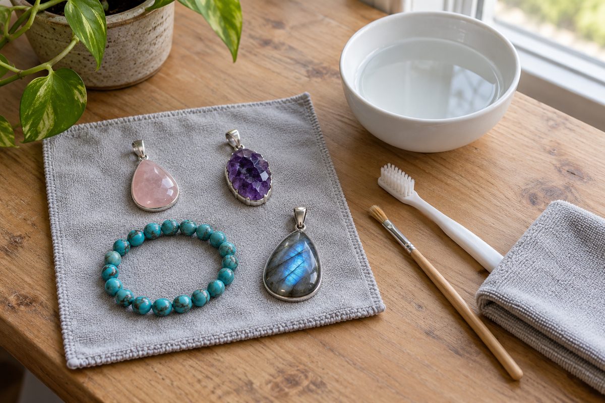Bijoux en quartz rose, améthyste, turquoise et labradorite près d'un bol d'eau tiède