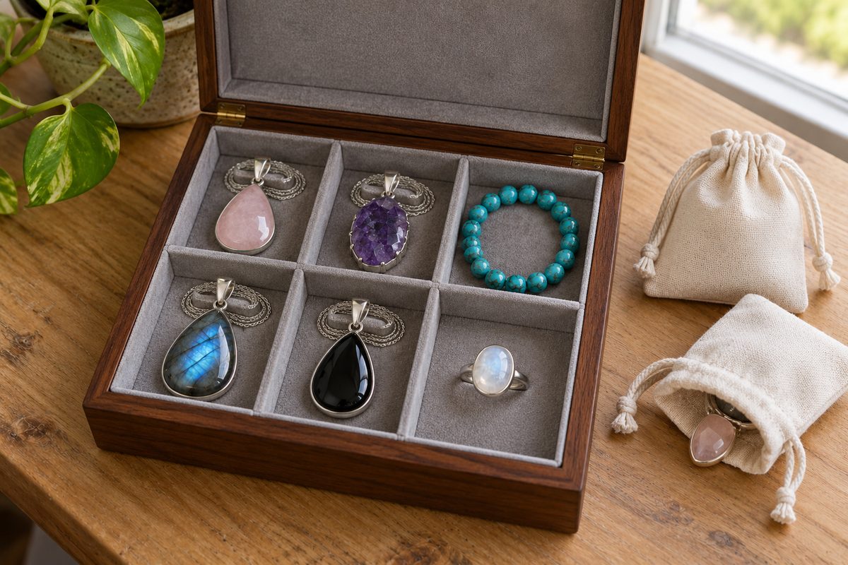 Boîte à bijoux compartimentée en velours, un bijou en pierre par case