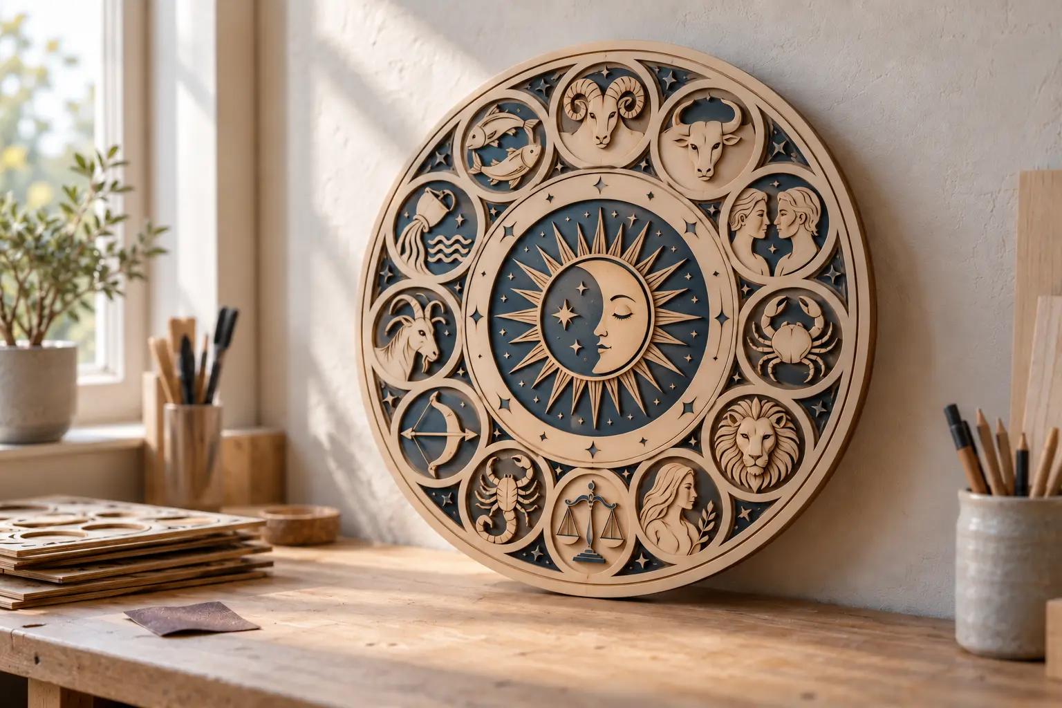 Illustration d'un puzzle mural en bois inspiré des douze signes du zodiaque, posé sur un établi.