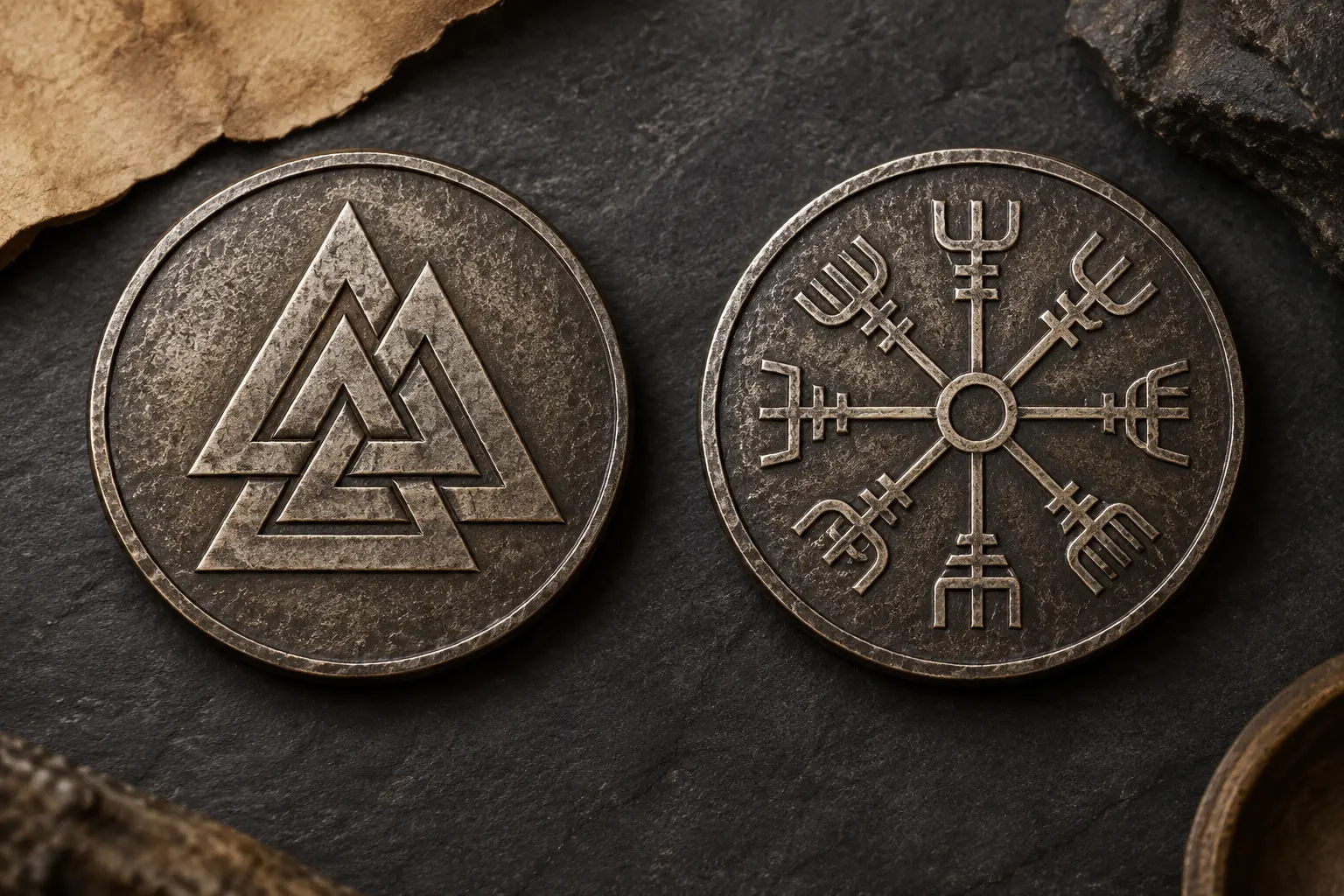 Médaillons comparant le Valknut triangulaire et le Vegvísir radial