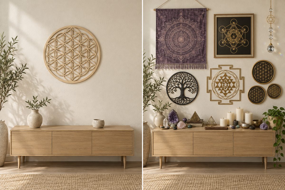 Comparaison d'un mur sobre avec une fleur de vie et d'un mur surchargé de symboles