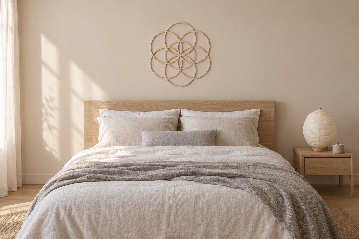Chambre japandi avec une graine de vie en bois clair au-dessus du lit