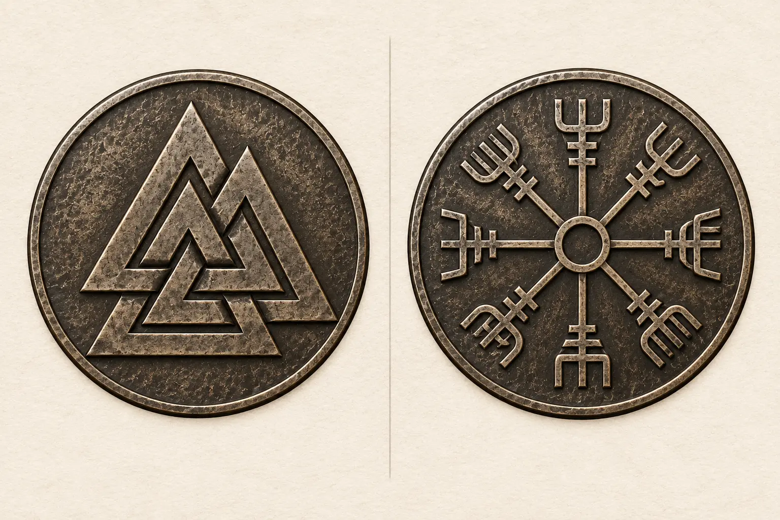 Comparaison visuelle entre le Valknut à trois triangles et le Vegvísir à huit branches