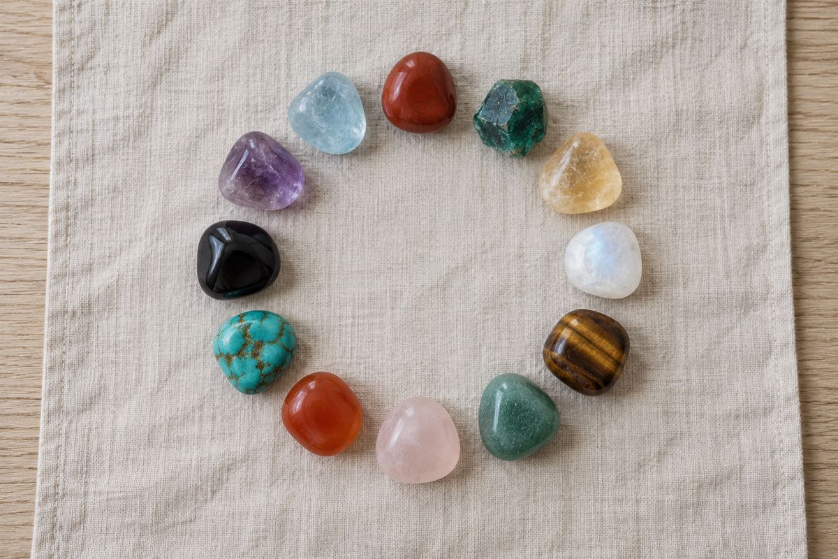 Douze pierres naturelles roulées disposées en cercle, une par signe astrologique