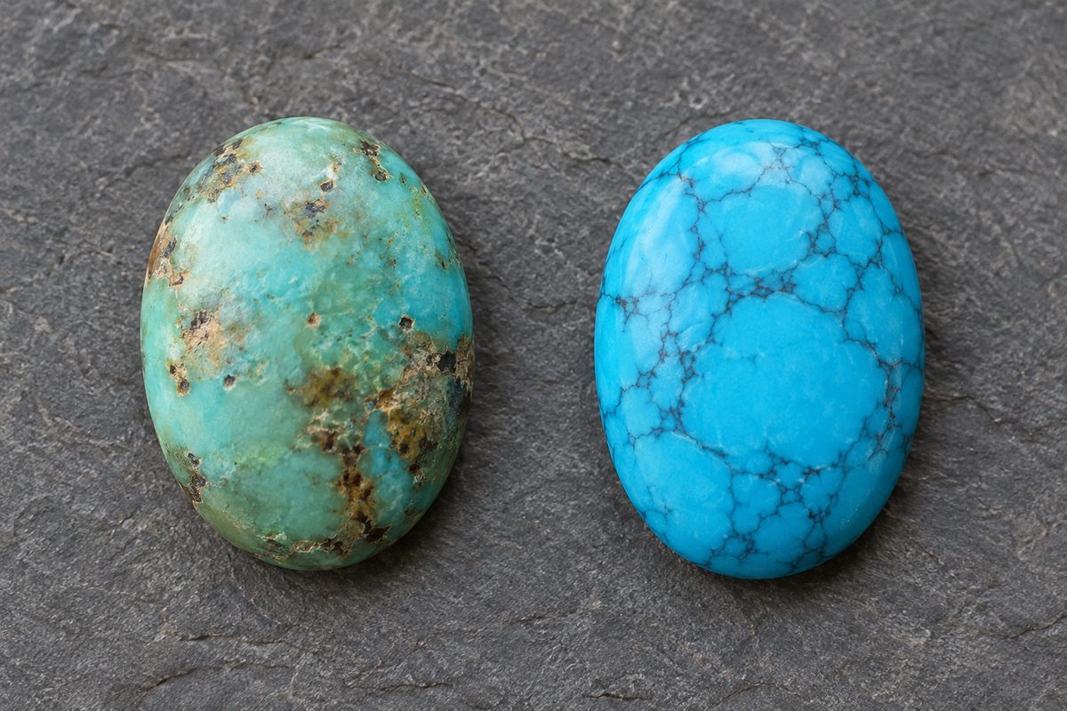Turquoise naturelle à gauche et howlite teintée en bleu à droite, cabochons comparés