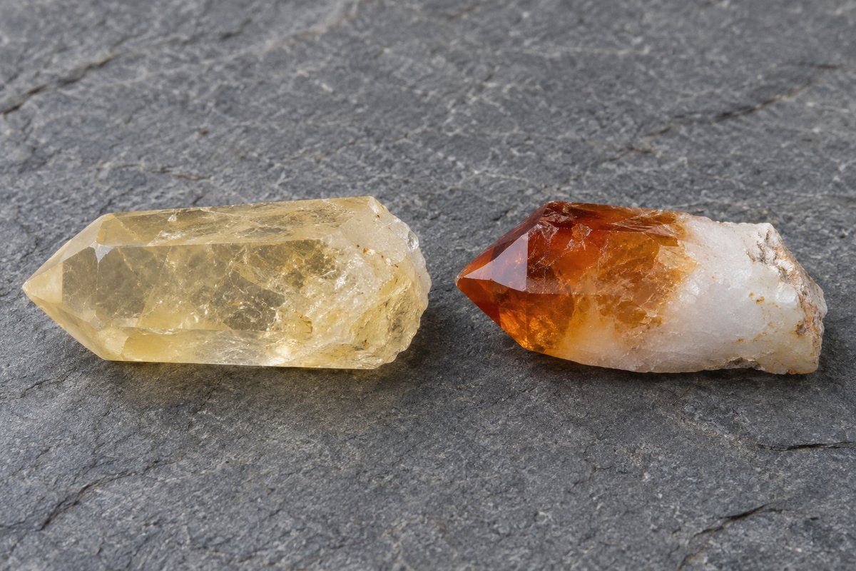 Citrine naturelle jaune pâle à côté d'une améthyste chauffée orange brûlé