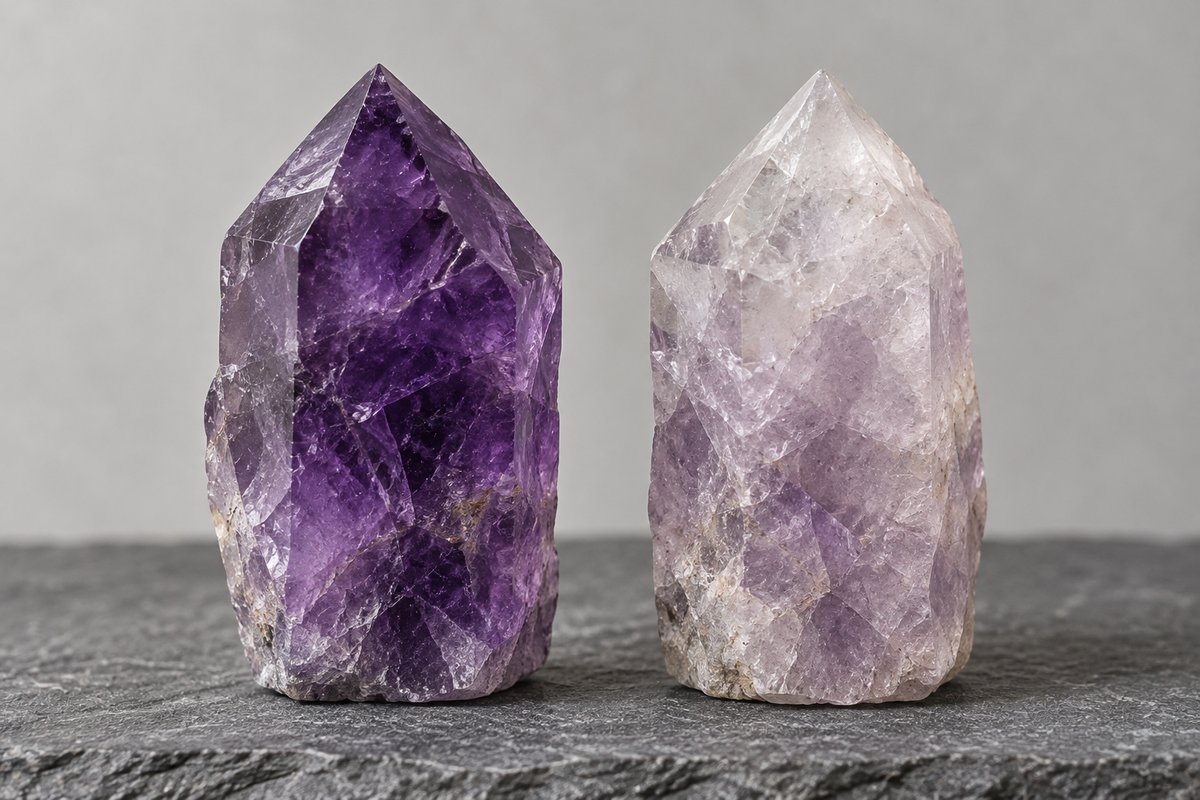 Deux pointes d'améthyste, l'une violet profond, l'autre décolorée par la lumière
