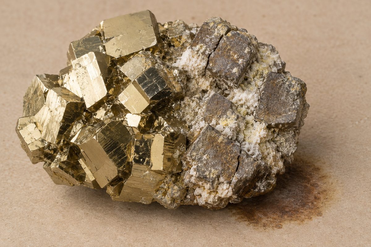Pyrite oxydée couverte de poudre blanche et jaune sur un carton taché