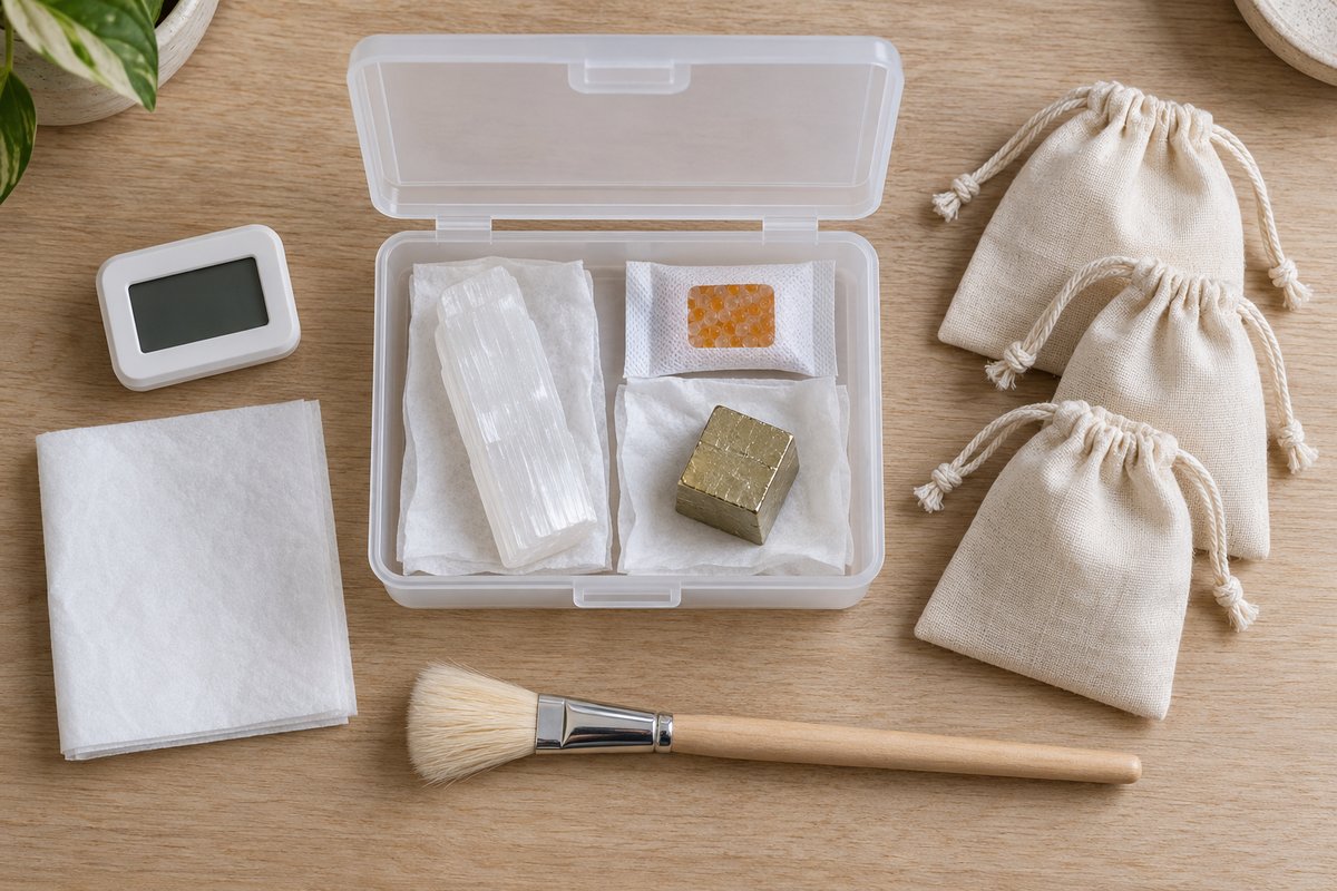Boîte en polypropylène avec sélénite, pyrite, gel de silice, hygromètre et pochons coton